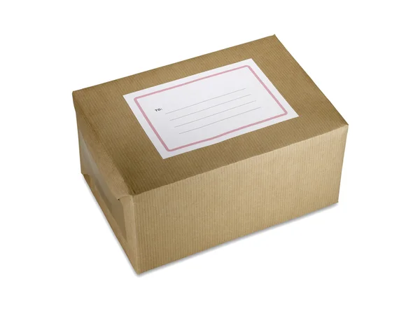Brown paper parcel with blank label clipping path — Stock Photo, Image