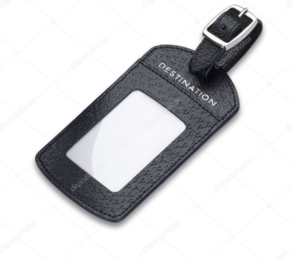 A leather luggage tag label isolated on white with clipping path