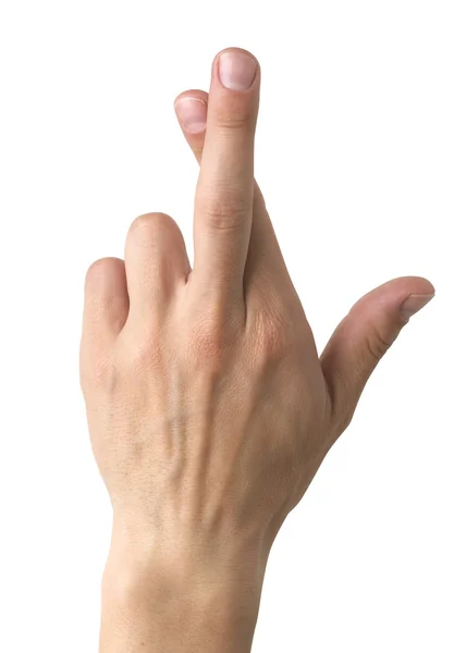 Fingers crossed human hand on white clipping path — Stock Photo, Image