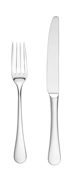 Overhead mes en vork geïsoleerd op wit met paden — Stockfoto