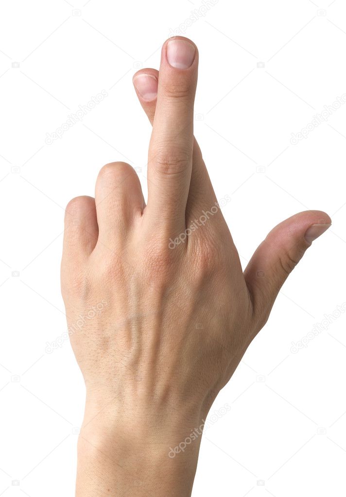 Fingers crossed human hand on white clipping path