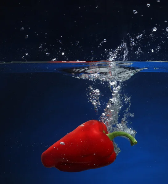 Röd paprika faller i vattnet. blå bakgrund — Stockfoto