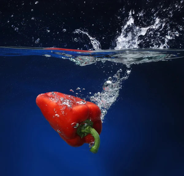 Paprika fällt ins Wasser. blauer Hintergrund — Stockfoto