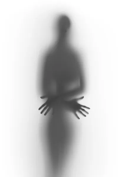 Menselijke silhouet, handen, vingers achter een gordijn — Stockfoto