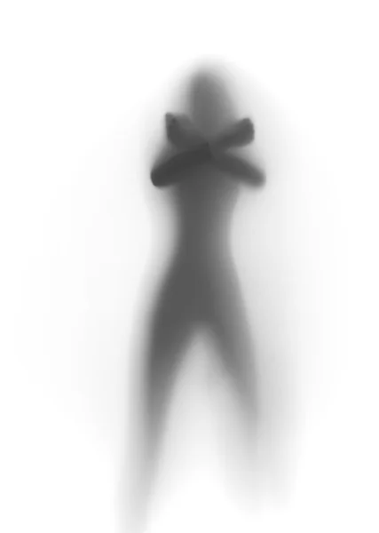 Faceless body stand front behind a curtain, hands, silhouette — Stock Photo, Image