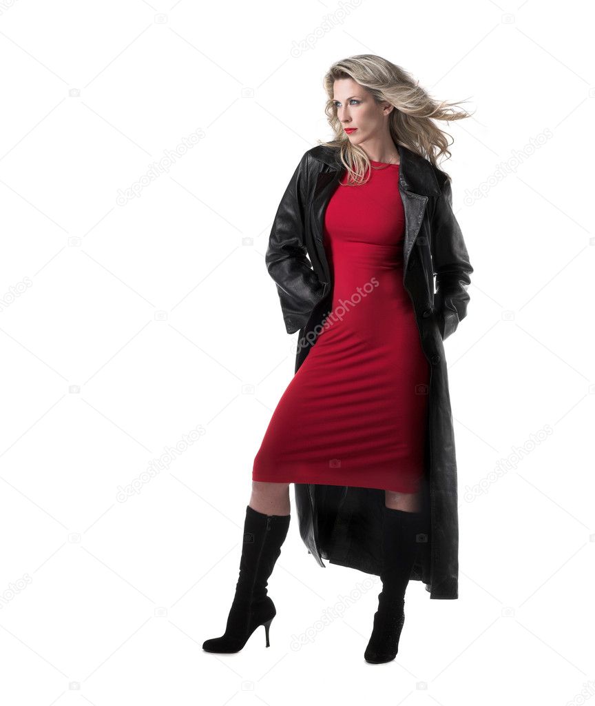 Beautiful, slim blonde woman, red dress, black leather coat