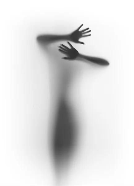 Faceless body stand front behind a curtain, hands, silhouette — Stock Photo, Image