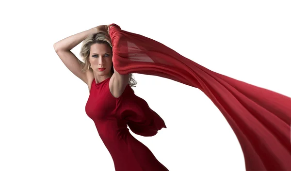 stock image Beautiful blonde woman in red dress, red shawl