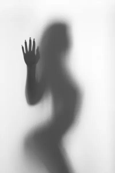 性感的女人站在窗帘后面剪影 — 图库照片