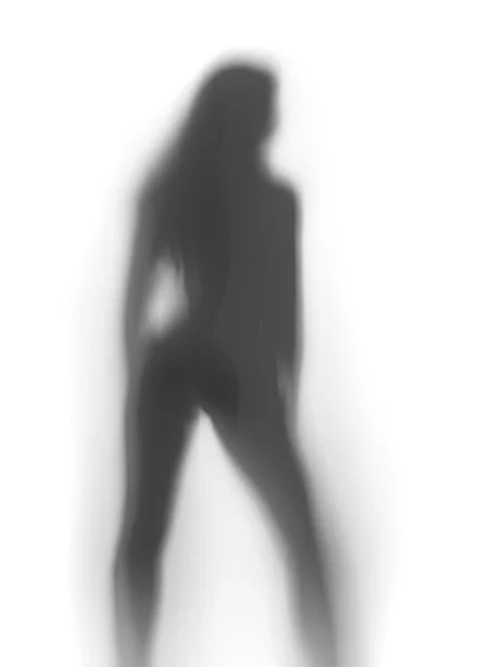 Sexy vrouw staat achter een gordijn, silhouet — Stockfoto