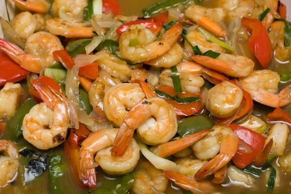 Shrimp With Asparagus, Bell Pepper, Tomato And Sauce — Stock Photo, Image
