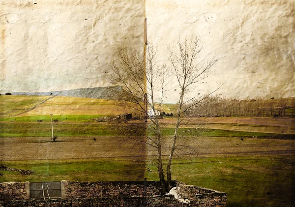 stock image Rural landscape with texture of parchment