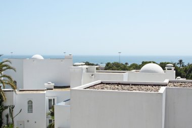 Beautiful view of sea, horizon, palms and white buildings clipart