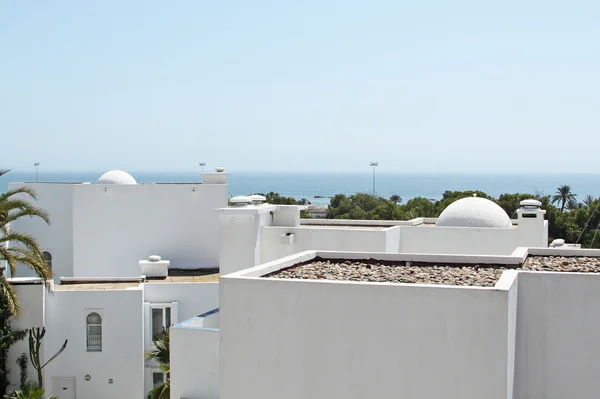 Bella vista sul mare, orizzonte, palme ed edifici bianchi — Foto Stock