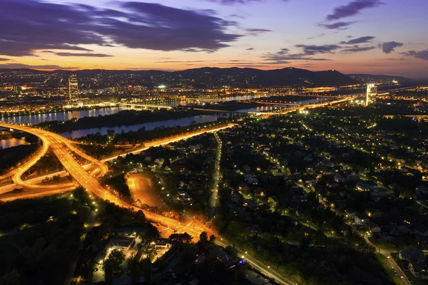 Vienna - Danube River & Island highway at night — Stock Photo, Image