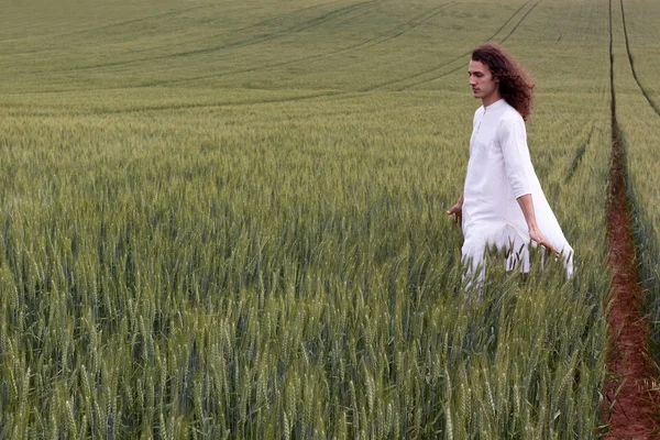 Spiritual daydreamer striding through a cornfield — Stock Photo, Image