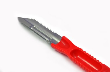 Steel peeler with red plastic handle
