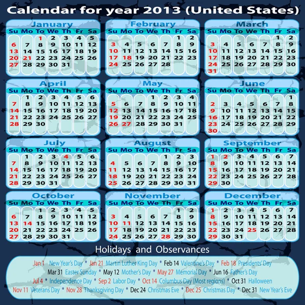 Calendar for year 2013 (United States) — Stock Vector © Sasa1867 #11229904