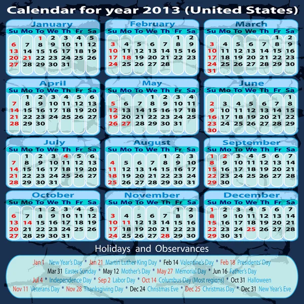 Календарний рік 2013 (США) — стоковий вектор