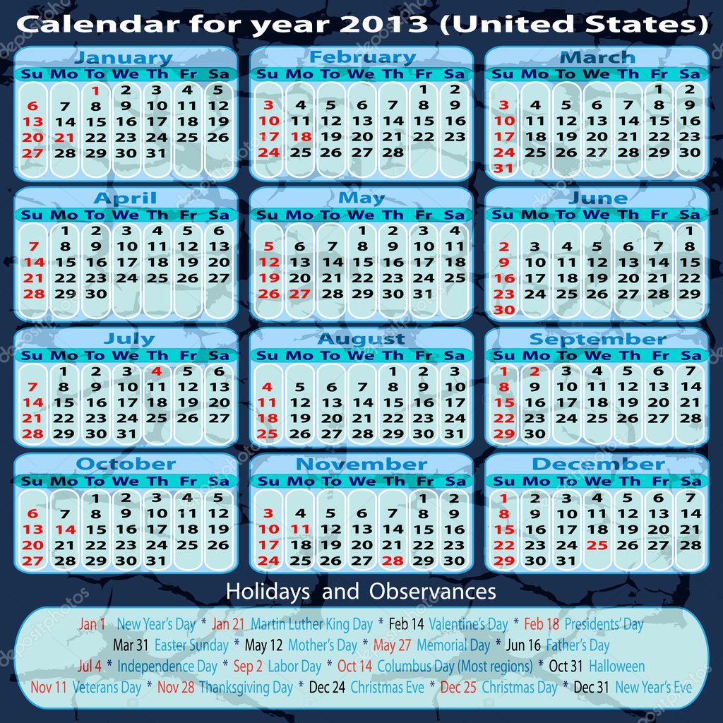 Calendar for year 2013 (United States) — Stock Vector © Sasa1867 #11229904