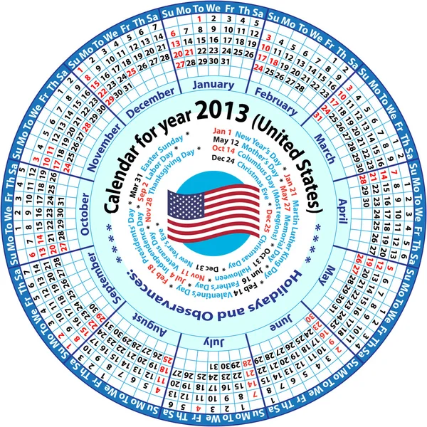 Kalendář na rok 2013 (Spojené státy) — Stockový vektor