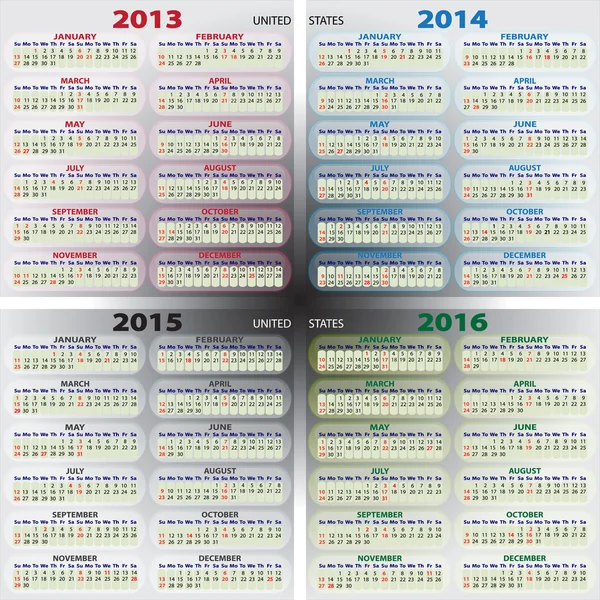 日历 2013年-2016 年我们 — 图库矢量图片