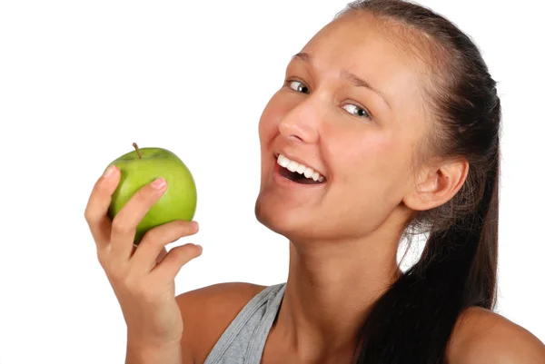 Portret of young smiling beautiful women with green apple — Stock Photo, Image