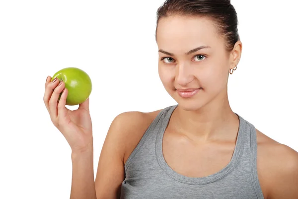 Portret of young beautiful women with green apple — Stock Photo, Image