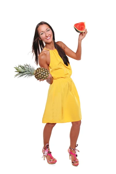 Happy pretty girl with fruit — Stock Photo, Image
