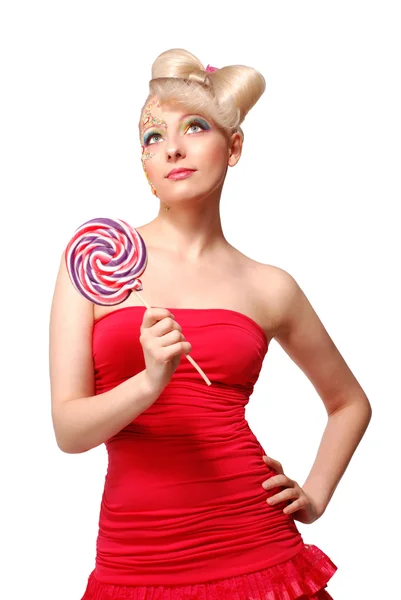 Cute blonde doll style model with candy — Stock Photo, Image