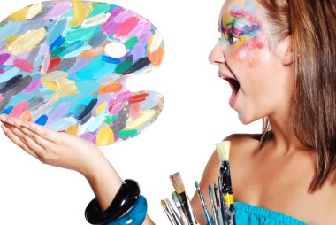 Screaming girl with colored palette and brushes clipart