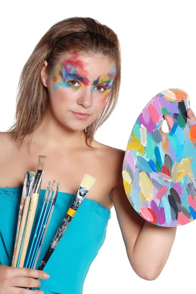 可爱的快乐女孩与彩色的调色板和画笔 — 图库照片