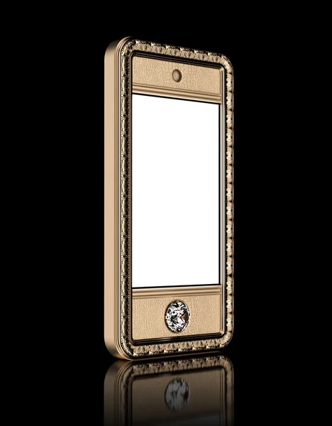 Teléfono dorado con pantalla táctil en blanco y el botón de diamante para VIP aislado sobre fondo negro (versión en perspectiva ) —  Fotos de Stock