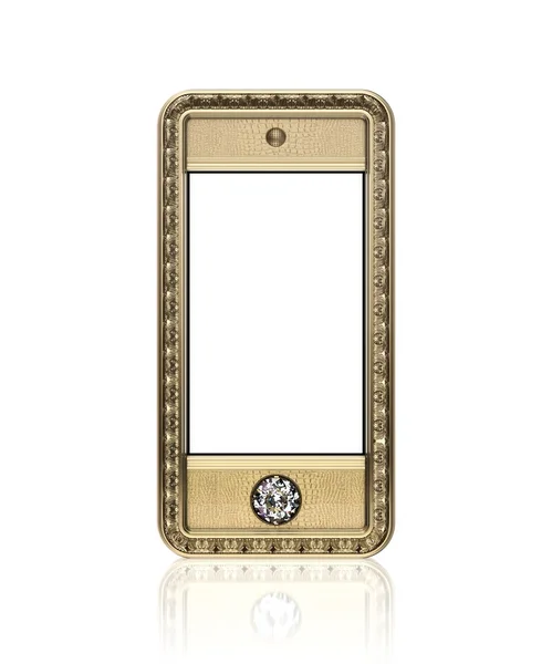 Золотой телефон с цветным сенсорным экраном и алмазной кнопкой для VIP, выделенной на белом фоне (фронтальная версия) ) — стоковое фото