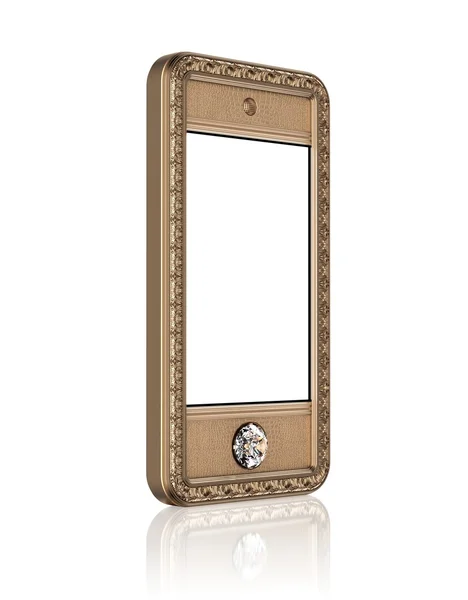 Teléfono dorado con pantalla táctil en blanco y el botón de diamante para VIP aislado sobre fondo blanco (versión en perspectiva ) —  Fotos de Stock