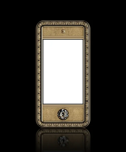 Teléfono dorado con pantalla táctil en blanco y botón de diamante para VIP aislado sobre fondo negro (versión frontal ) — Foto de Stock