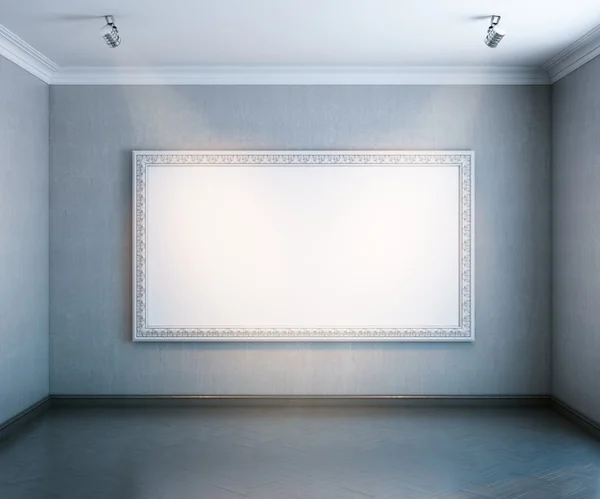 Nová galerie interiér s dřevěnými parketami a prázdný velký rám (šedá barevná verze) — Stock fotografie