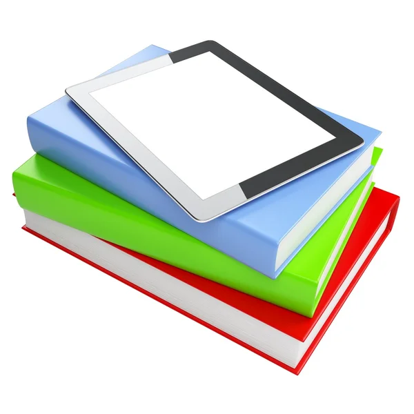 stock image the progress of media. touchpad on the books isolated on white background (version with color books)