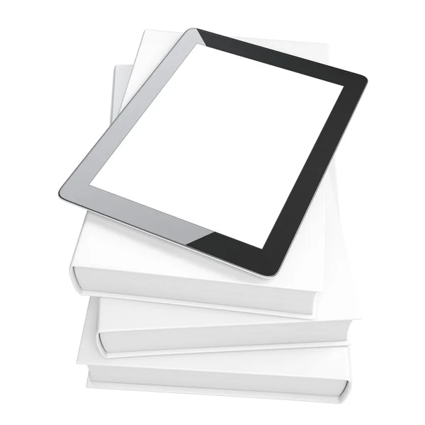 stock image evolution of media. touchpad on the books isolated on white background (white version of the books)