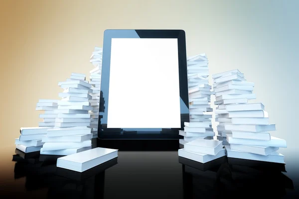 Touch screen pad on color background among the many paper books — Stock Photo, Image