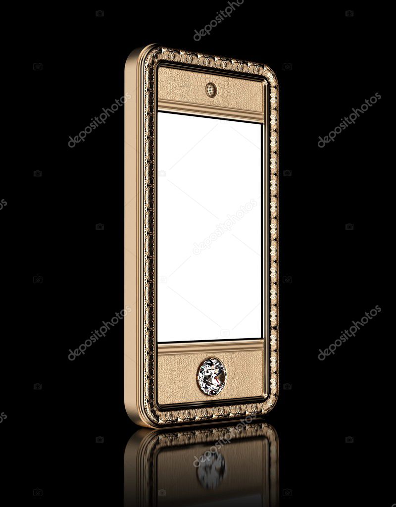 Gold phone with blank touch screen and the diamond button for VIP isolated on black background (perspective version)