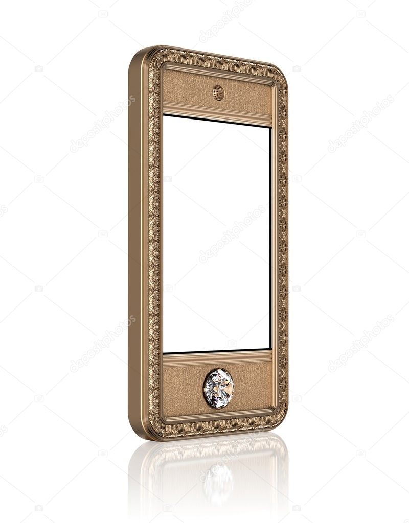 Gold phone with blank touch screen and the diamond button for VIP isolated on white background (perspective version)