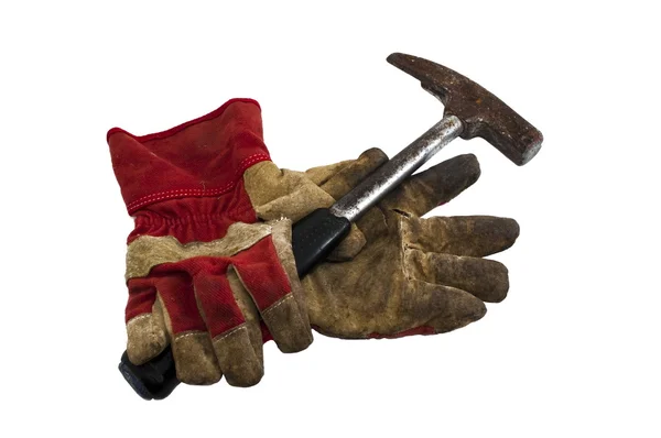 Work gloves and a hammer — Stok fotoğraf