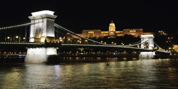 Цепной мост и замок Буда ночью Лицензионные Стоковые Изображения
