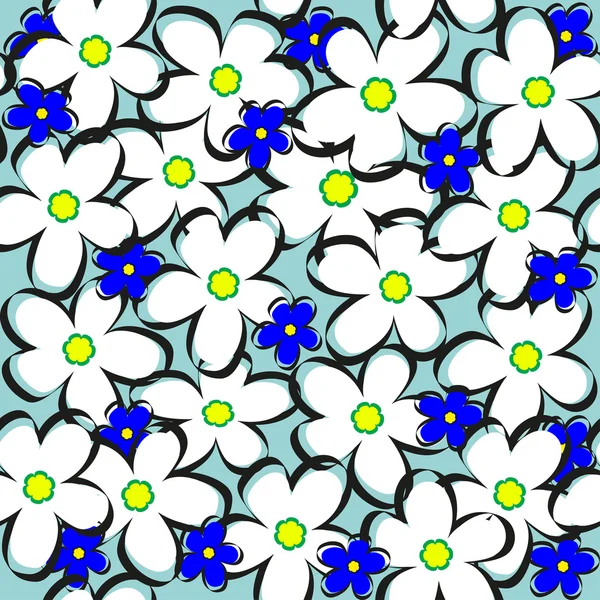Sömlös bakgrund med vita och blå blommor — Stock vektor