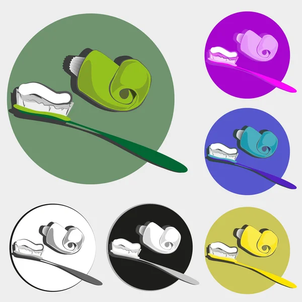 Cepillo de dientes y pasta de dientes (6 variaciones de colores ) — Vector de stock