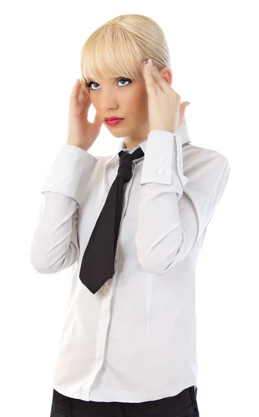 Mulher de negócios jovem bonita com dor de cabeça — Fotografia de Stock