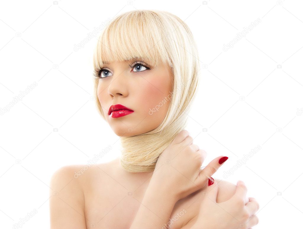 Portrait of young beautiful blonde woman with red lips