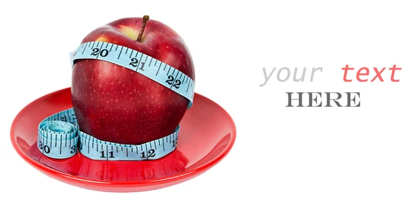 Red apple and tape measure isolated on white (with sample text) — Stock Photo, Image