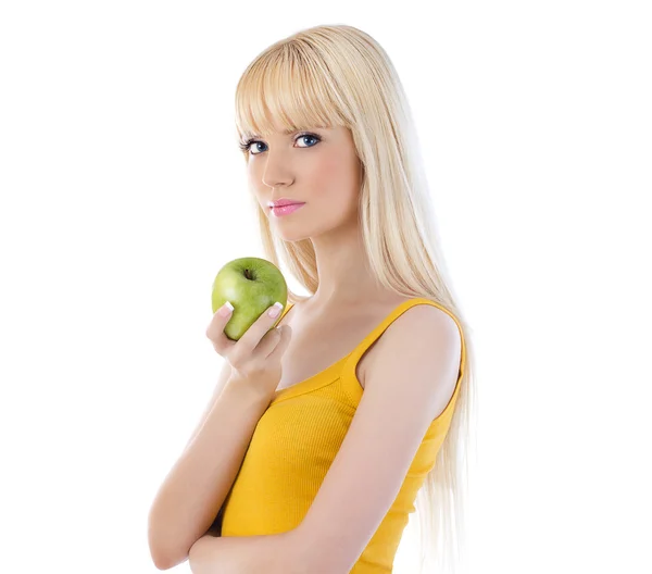 Γυναίκα που κρατά πράσινο μήλο — Φωτογραφία Αρχείου